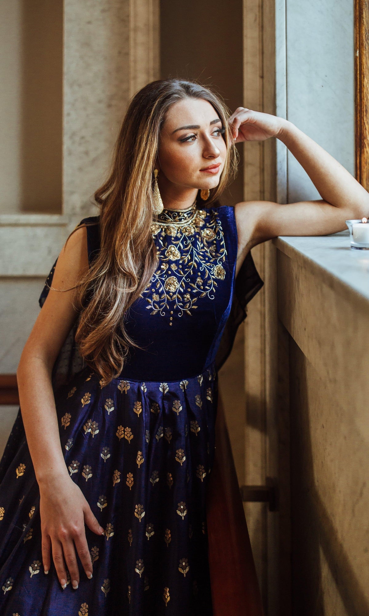 Blue Gown with Velvet Hand Embroidered Torso and Banarasi Jacquard Bottom ANARKALI & GOWN RAAS
