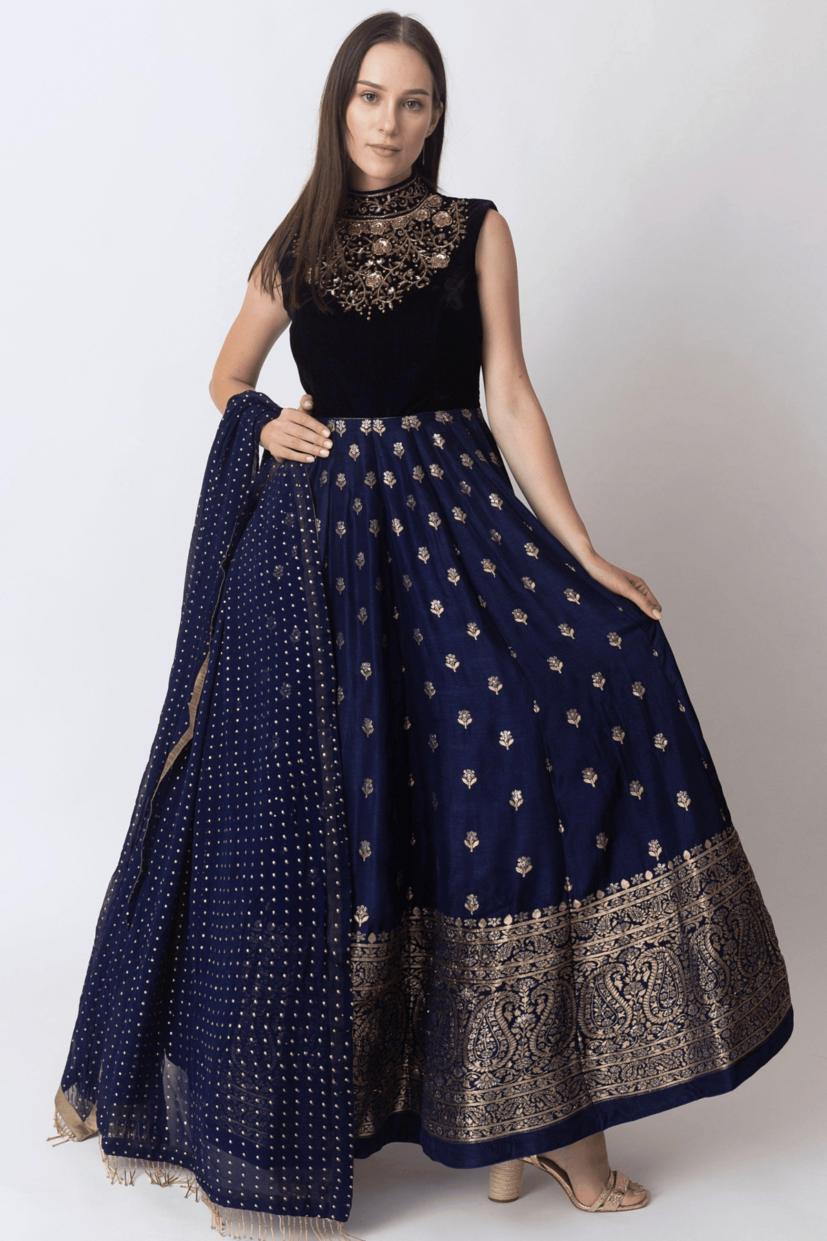 Blue Gown with Velvet Hand Embroidered Torso and Banarasi Jacquard Bottom ANARKALI & GOWN RAAS