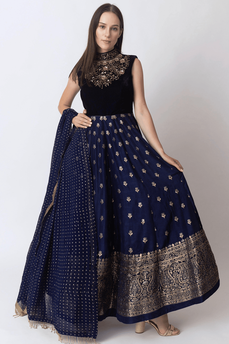 Blue Gown with Velvet Hand Embroidered Torso and Banarasi Jacquard Bottom ANARKALI & GOWN RAAS