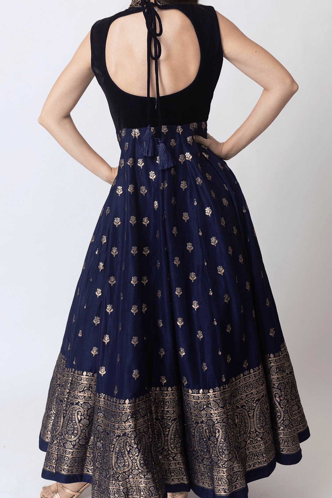 Blue Gown with Velvet Hand Embroidered Torso and Banarasi Jacquard Bottom-Raas USA
