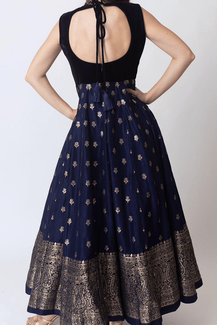Blue Gown with Velvet Hand Embroidered Torso and Banarasi Jacquard Bottom-Raas USA