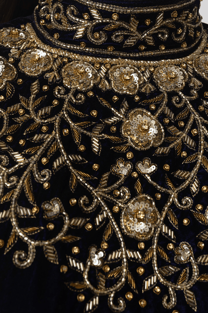 Blue Gown with Velvet Hand Embroidered Torso and Banarasi Jacquard Bottom-Raas USA