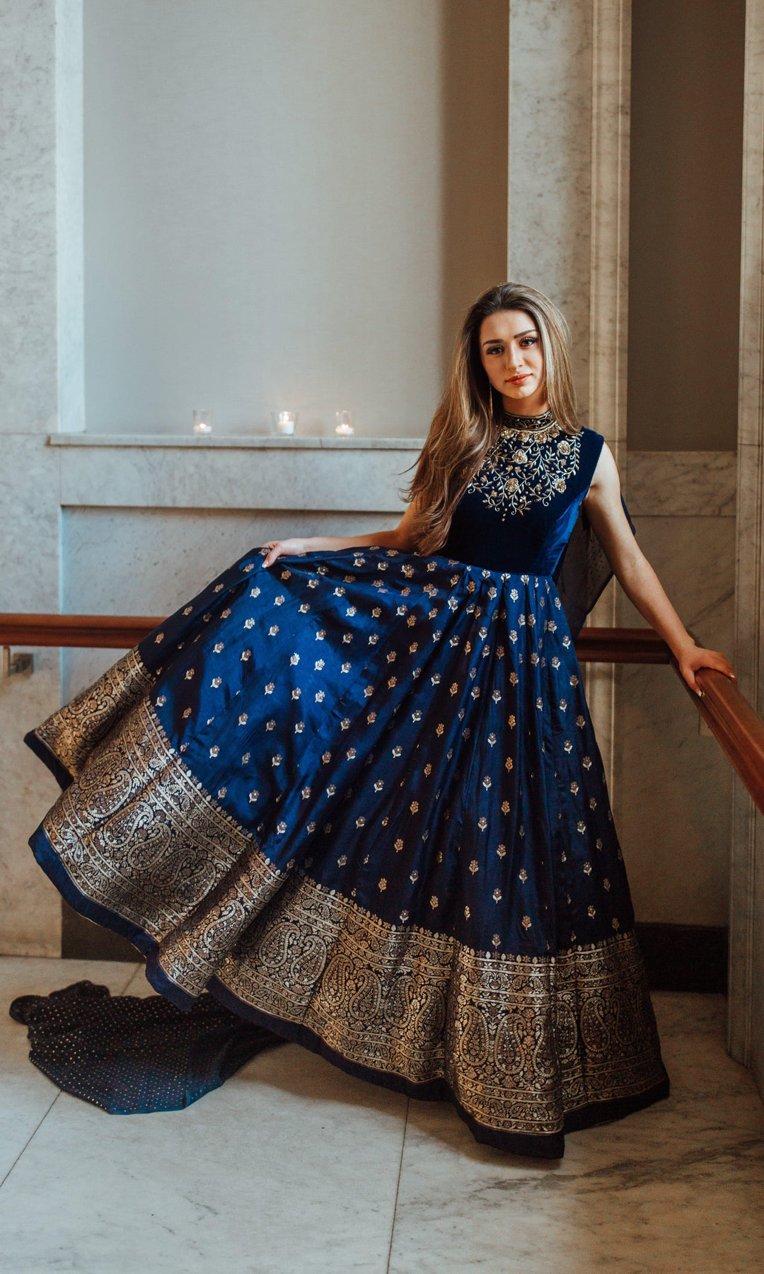 Blue Velvet Hand Embroidered Indian Gown with Banarasi Jacquard Ham XXL / Blue Blue Velvet Hand Embroidered Indian Gown with Banarasi Jacquard Ham XXL / Blue