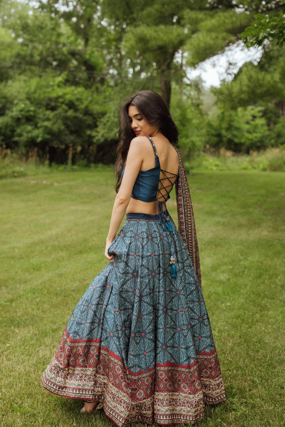 Blue Lehenga Choli Set with Bandhani Print-[mehendi outfit]-Raas