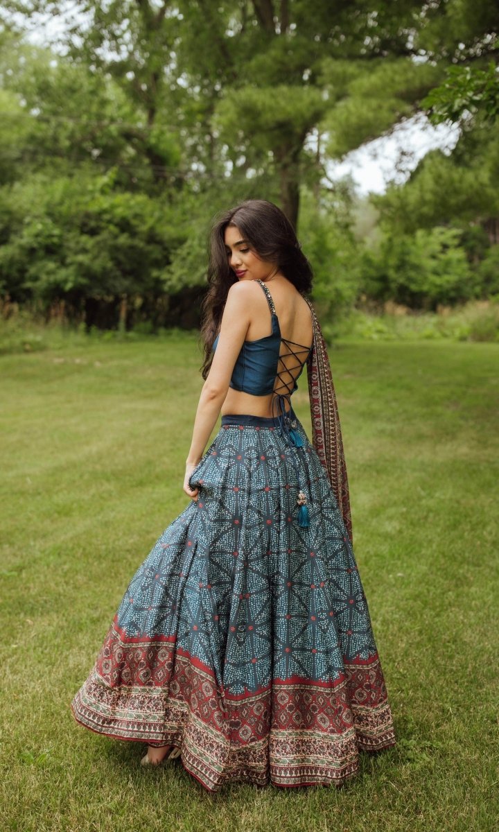 Back view of blue Bandhani print lehenga choli with string-tie blouse