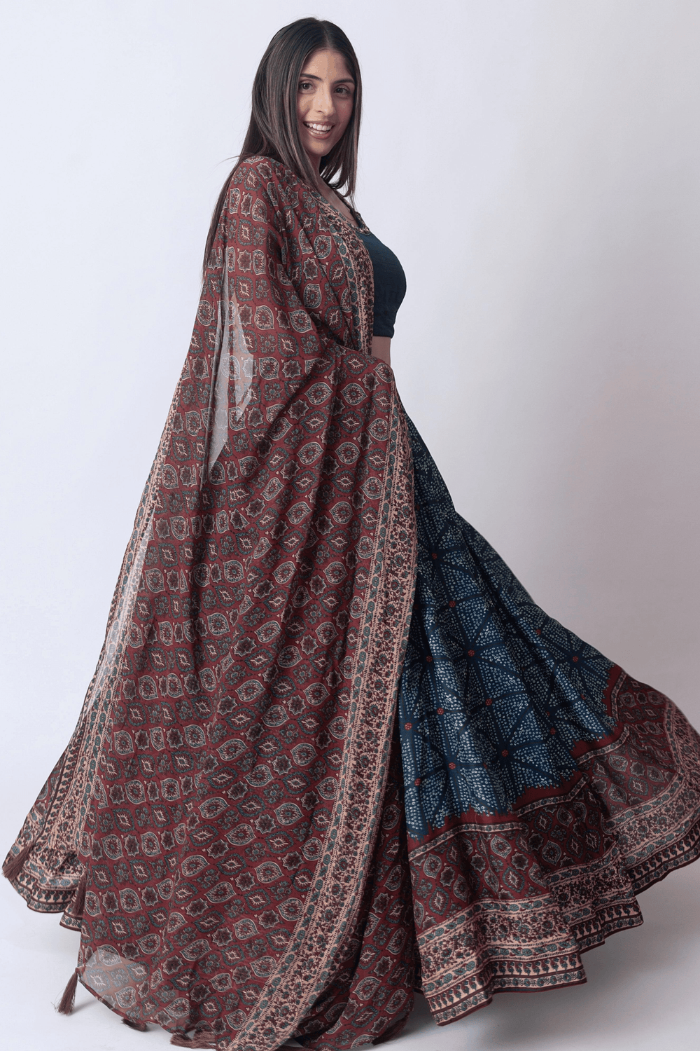 Blue Lehenga Choli Set with Bandhani Print-[mehendi outfit]-Raas