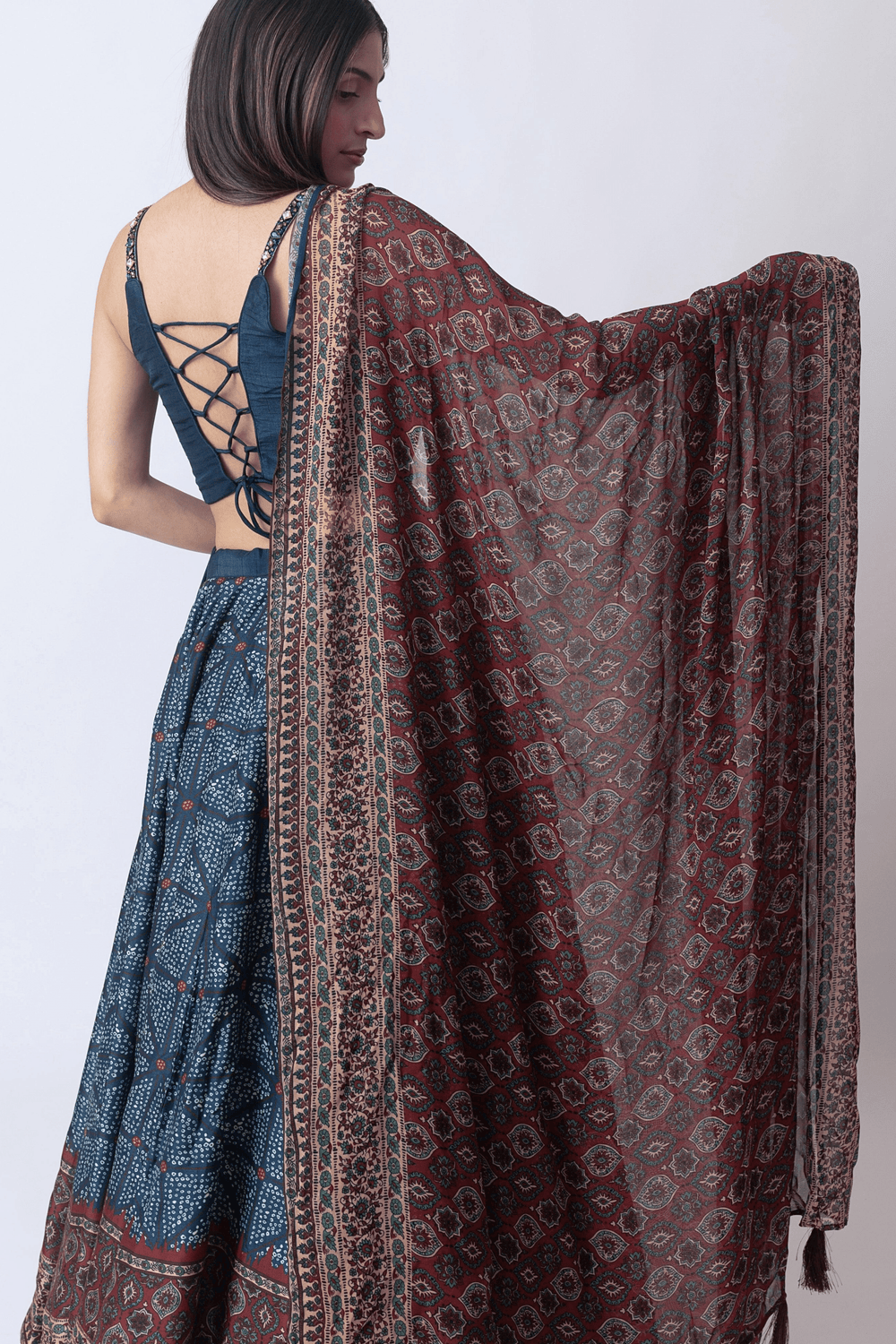 Blue Lehenga Choli Set with Bandhani Print-[mehendi outfit]-Raas