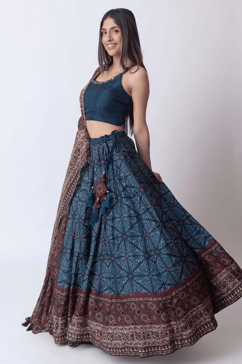 Blue Lehenga Choli Set with Bandhani Print-[mehendi outfit]-Raas