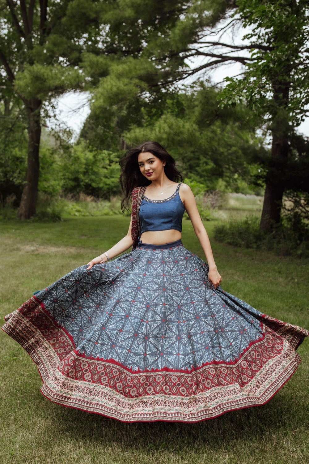 Blue Lehenga Choli Set with Bandhani Print-[mehendi outfit]-Raas