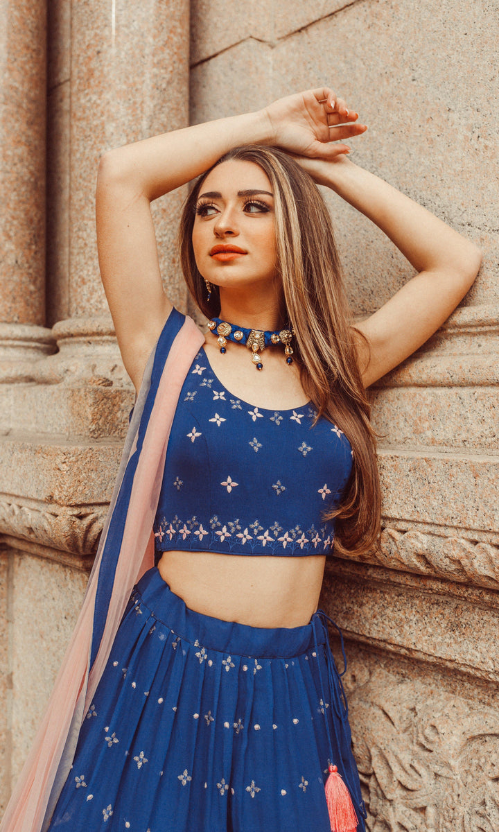 Blue Lehenga Choli with Sequins and Resham Embroidery-[comfort-first-design]-[lightweight]-Raas