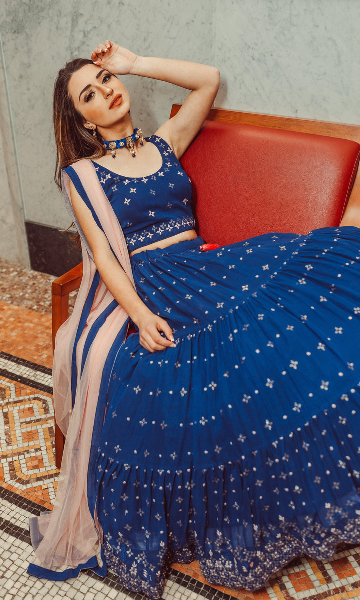 Blue Lehenga Choli with Sequins and Resham Embroidery-[comfort-first-design]-[lightweight]-Raas