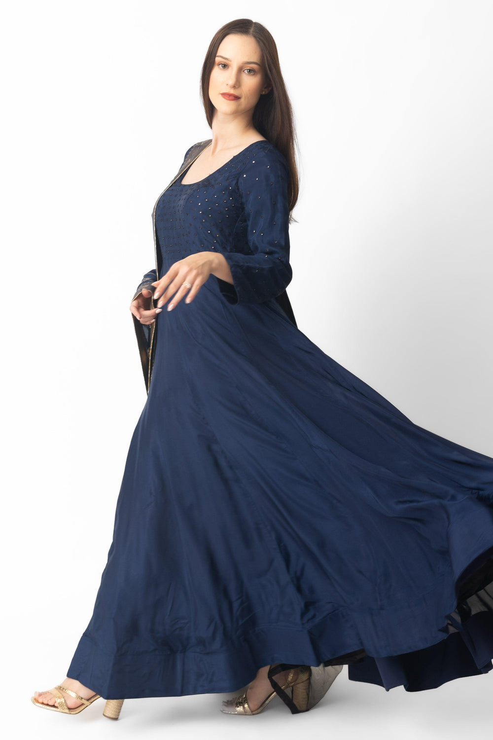 Navy blue silk A-line gown with mirror and resham embroidery, paired with a Banarasi silk drape.