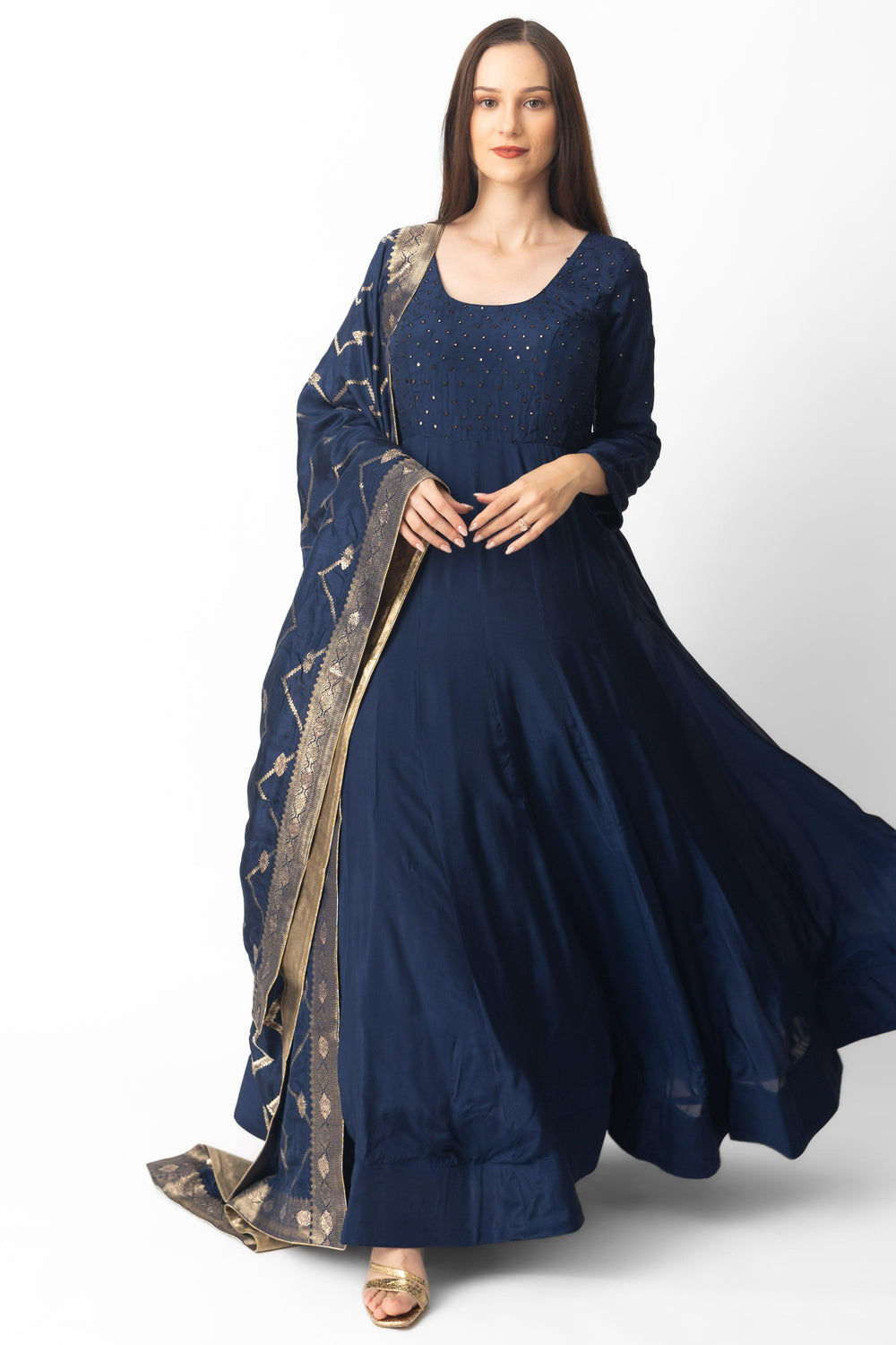Navy blue silk A-line gown with mirror & resham embroidery, paired with a Banarasi silk drape.