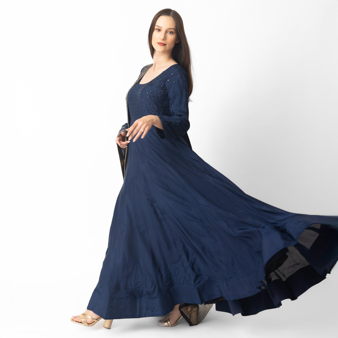 Blue Long Dress with Banarasi Silk Drape-Raas USA