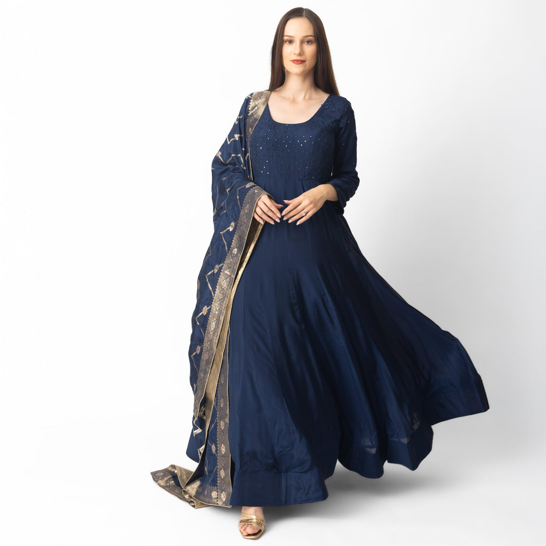 Blue Long Dress with Banarasi Silk Drape-Raas USA