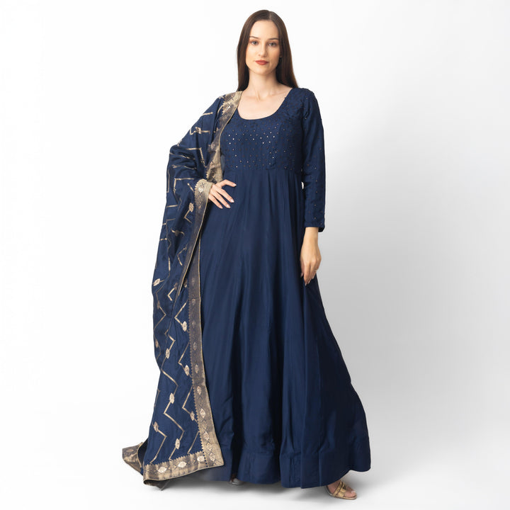 Blue Long Dress with Banarasi Silk Drape-Raas USA