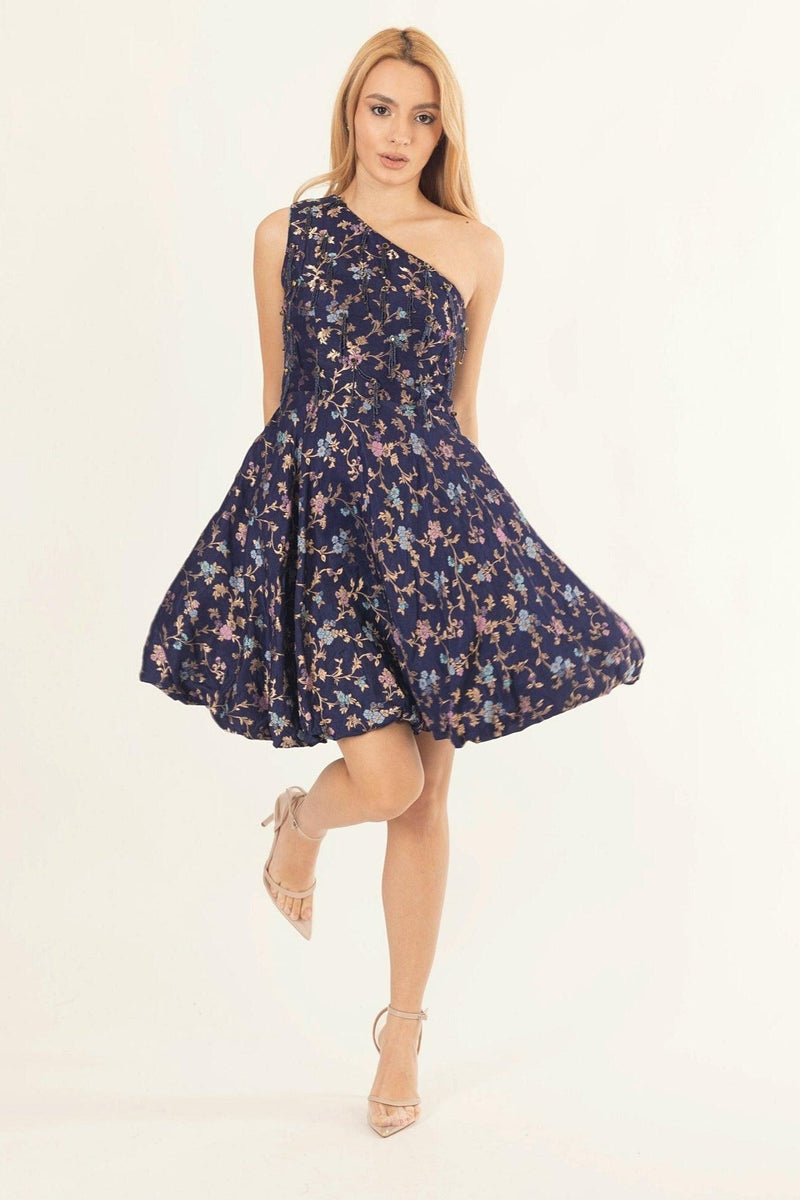 Azurine blue jacquard silk one-shoulder short dress with embroidered floral patterns, rhinestones, and beads.