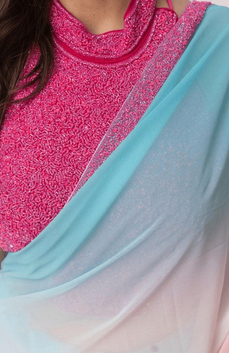 Blue & Pink Ombre Pre-Draped Georgette Saree with Hand Embroidered Sequin Blouse-[pre_stitched_saree]-Raas