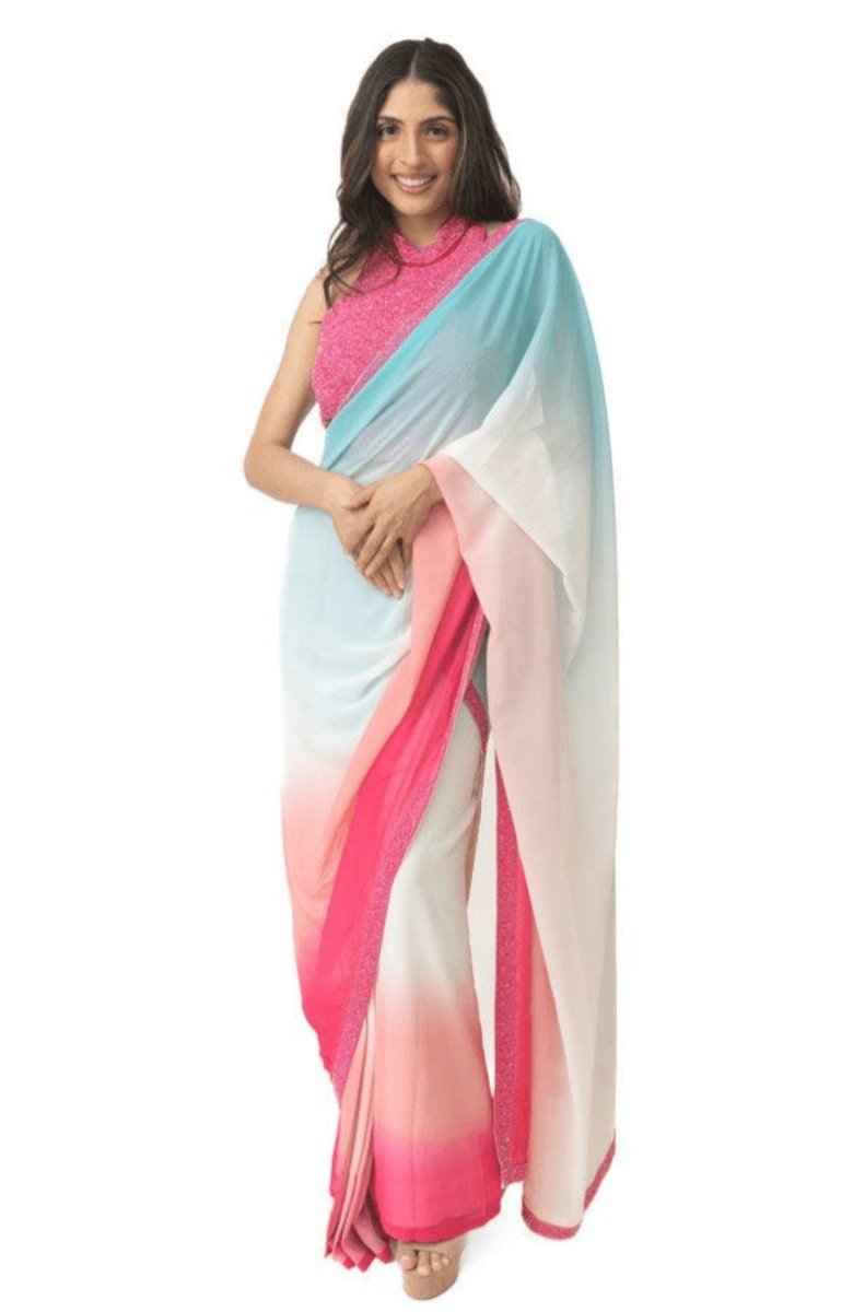 Blue & Pink Ombre Pre-Draped Georgette Saree with Hand Embroidered Sequin Blouse-[pre_stitched_saree]-Raas