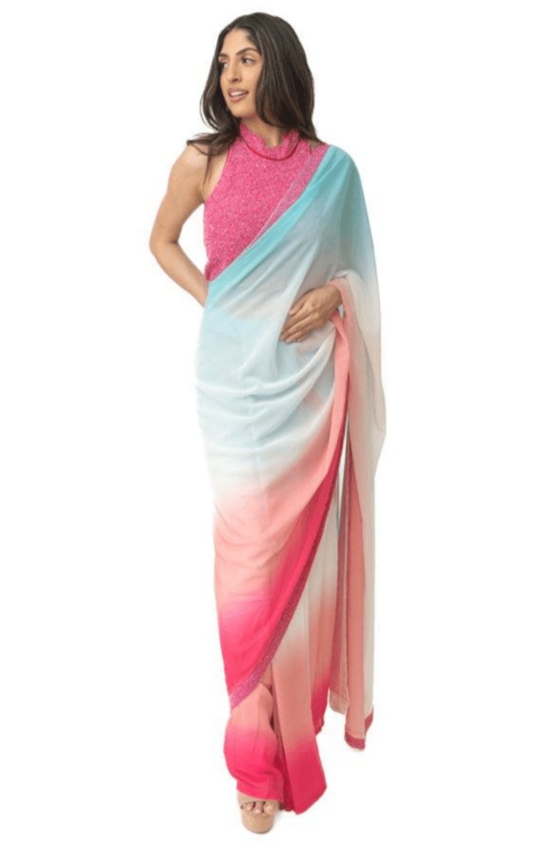 Blue & Pink Ombre Pre-Draped Georgette Saree with Hand Embroidered Sequin Blouse-[pre_stitched_saree]-Raas