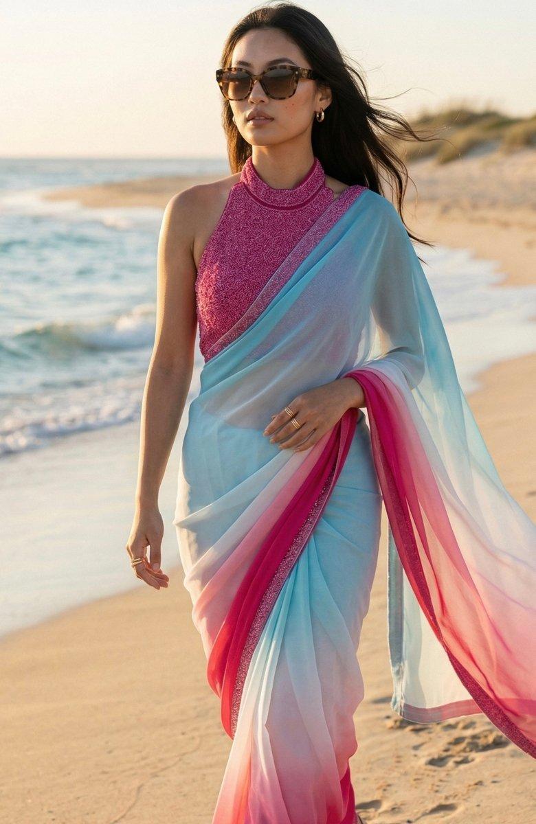 Blue & Pink Ombre Pre-Draped Georgette Saree with Hand Embroidered Sequin Blouse-[pre_stitched_saree]-Raas