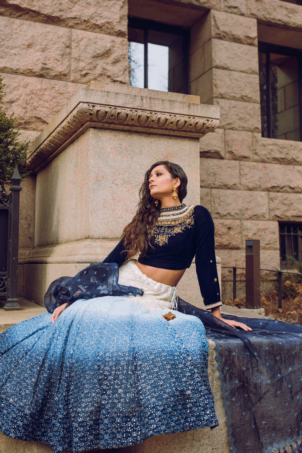 Blue Shaded Lehenga with Heavily Embroidered Blouse-[comfort-first-design]-[lightweight]-Raas
