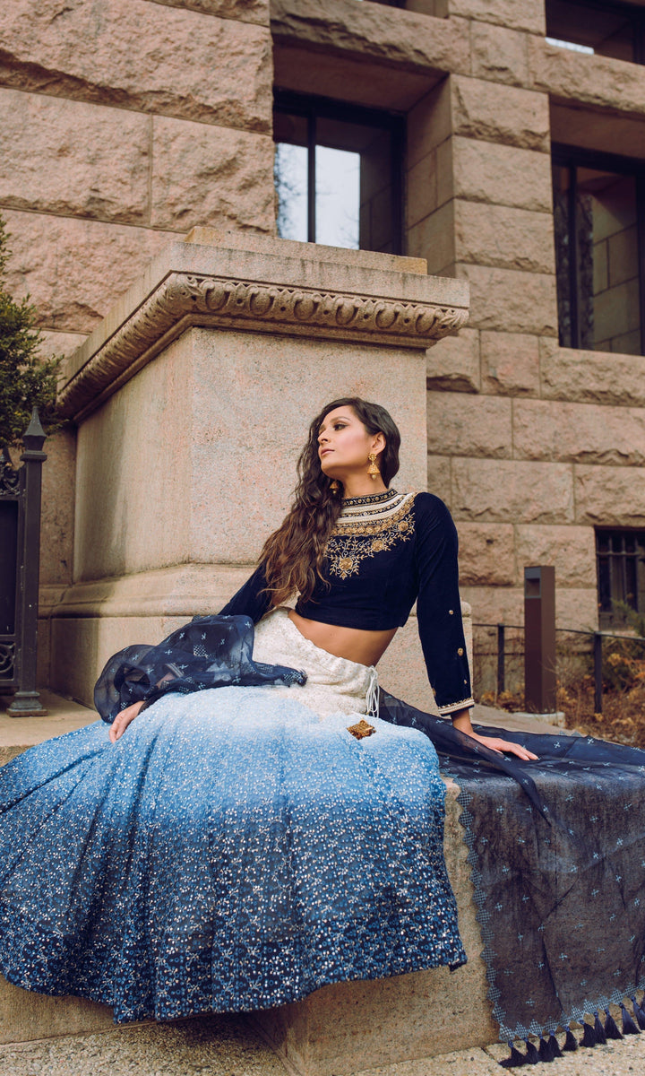 Blue Shaded Lehenga with Heavily Embroidered Blouse-Raas USA