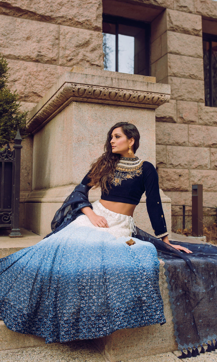 Blue Shaded Lehenga with Heavily Embroidered Blouse-Raas USA