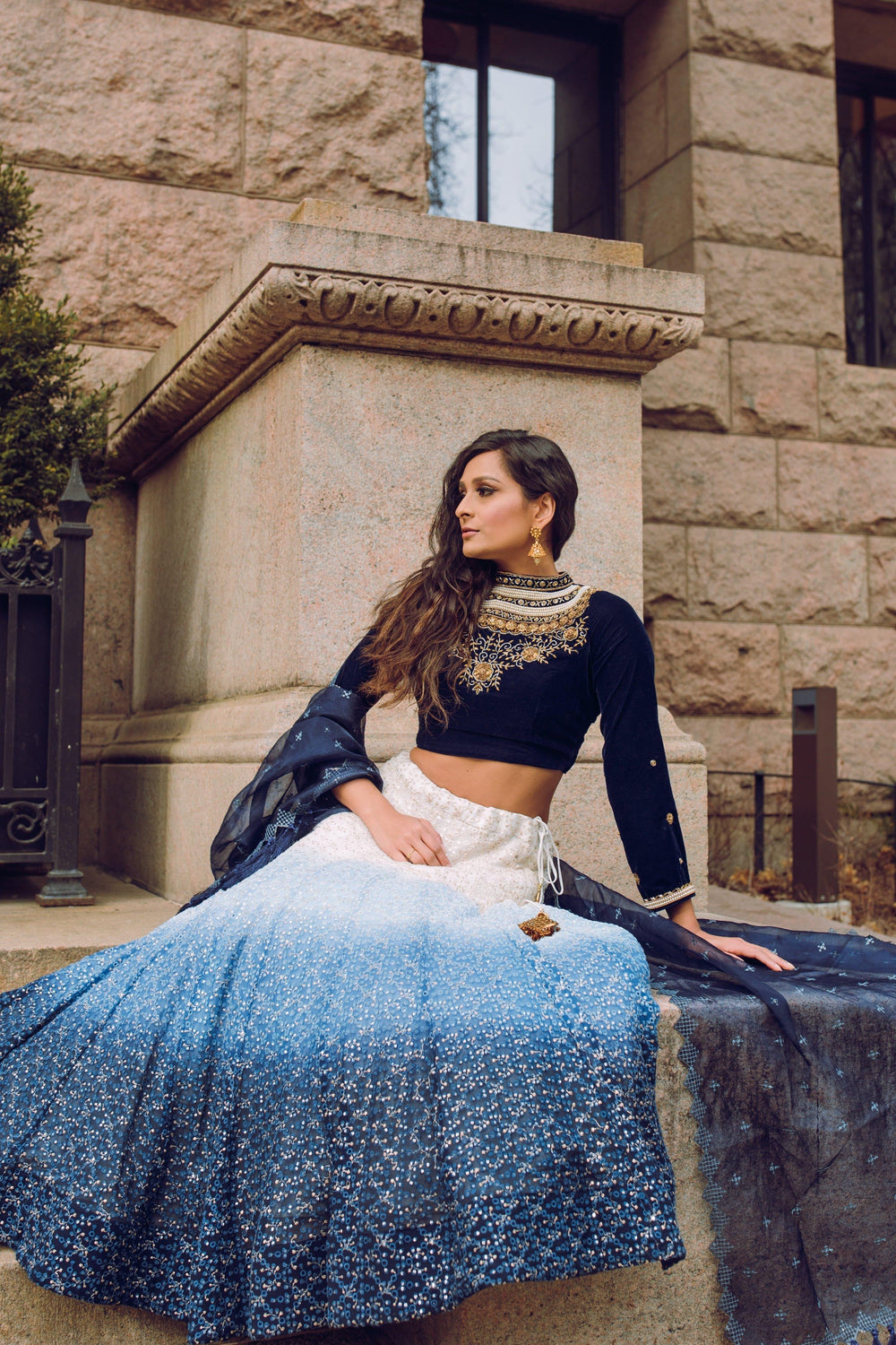 Blue Shaded Lehenga with Heavily Embroidered Blouse-[comfort-first-design]-[lightweight]-Raas