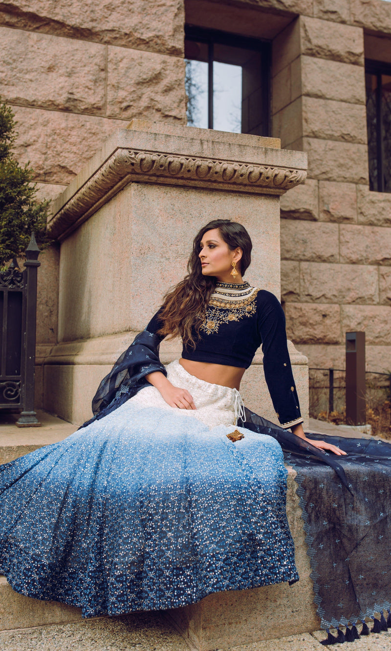 Blue Shaded Lehenga with Heavily Embroidered Blouse-[comfort-first-design]-[lightweight]-Raas