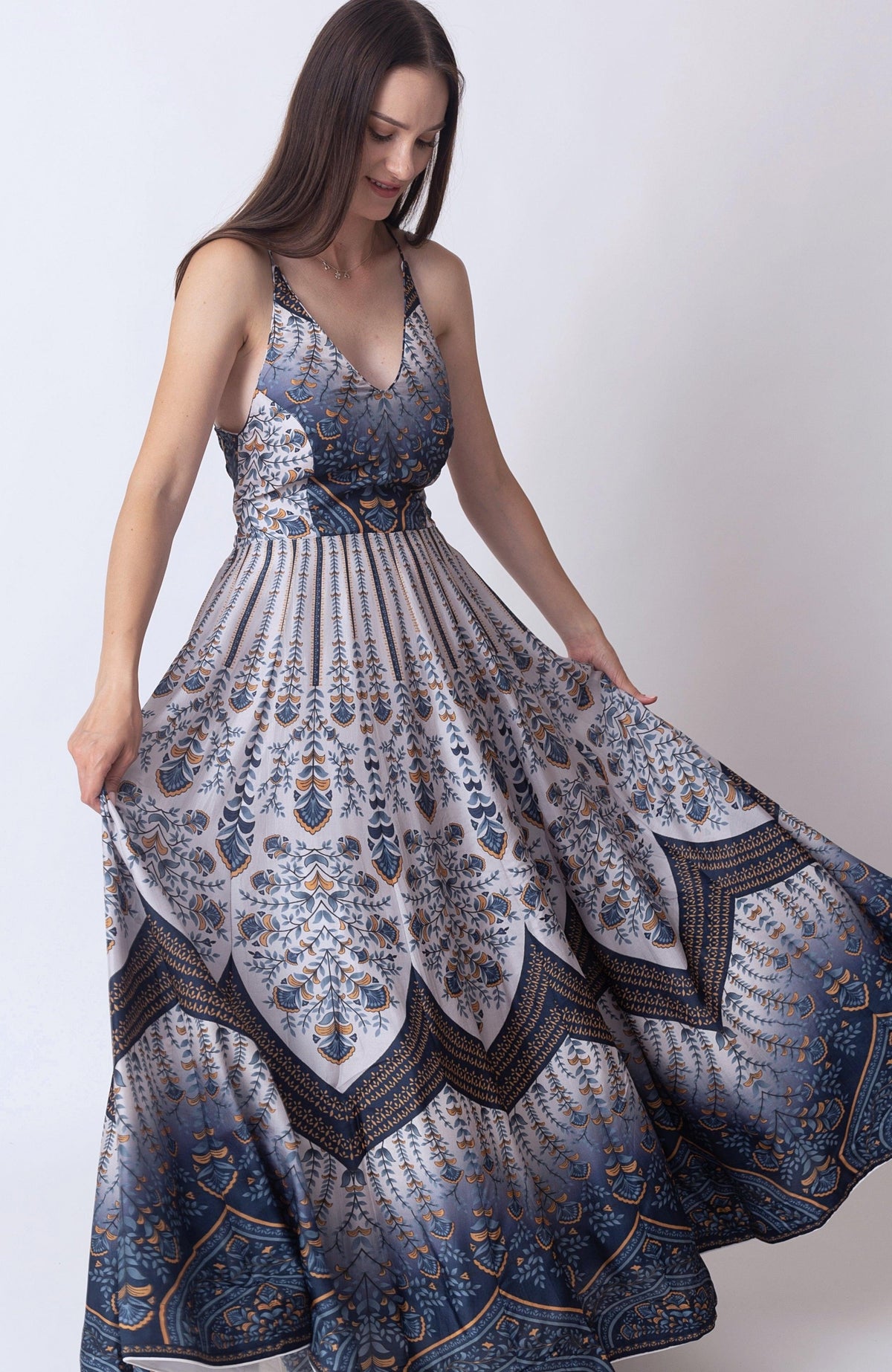 Blue V - Neck Printed Dress ANARKALI & GOWN RAAS