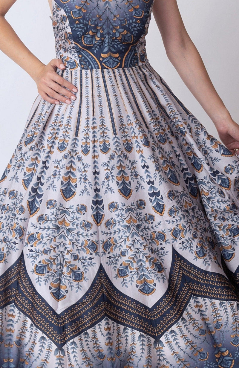 Blue V - Neck Printed Dress ANARKALI & GOWN RAAS