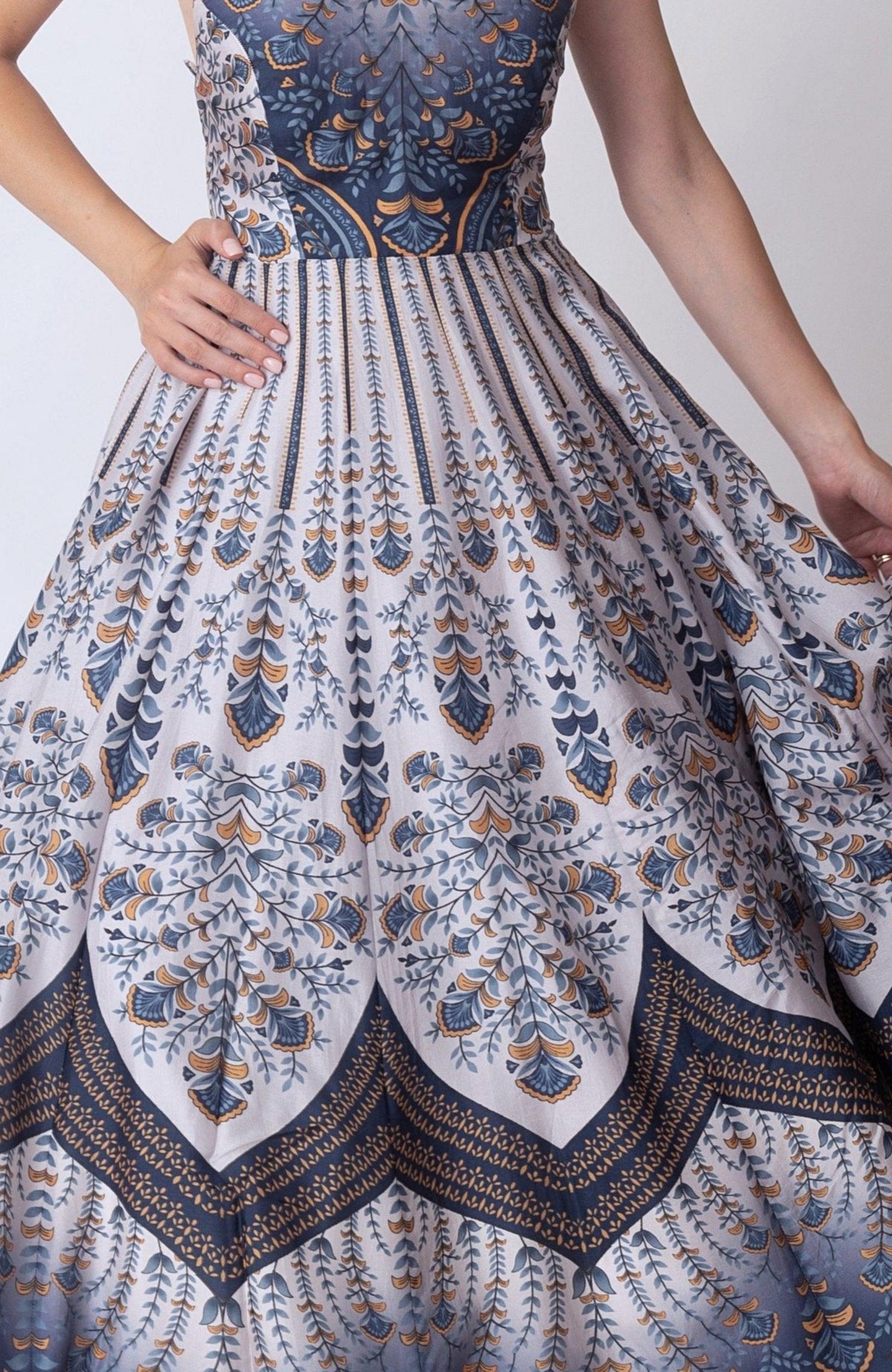 Blue V - Neck Printed Dress ANARKALI & GOWN RAAS
