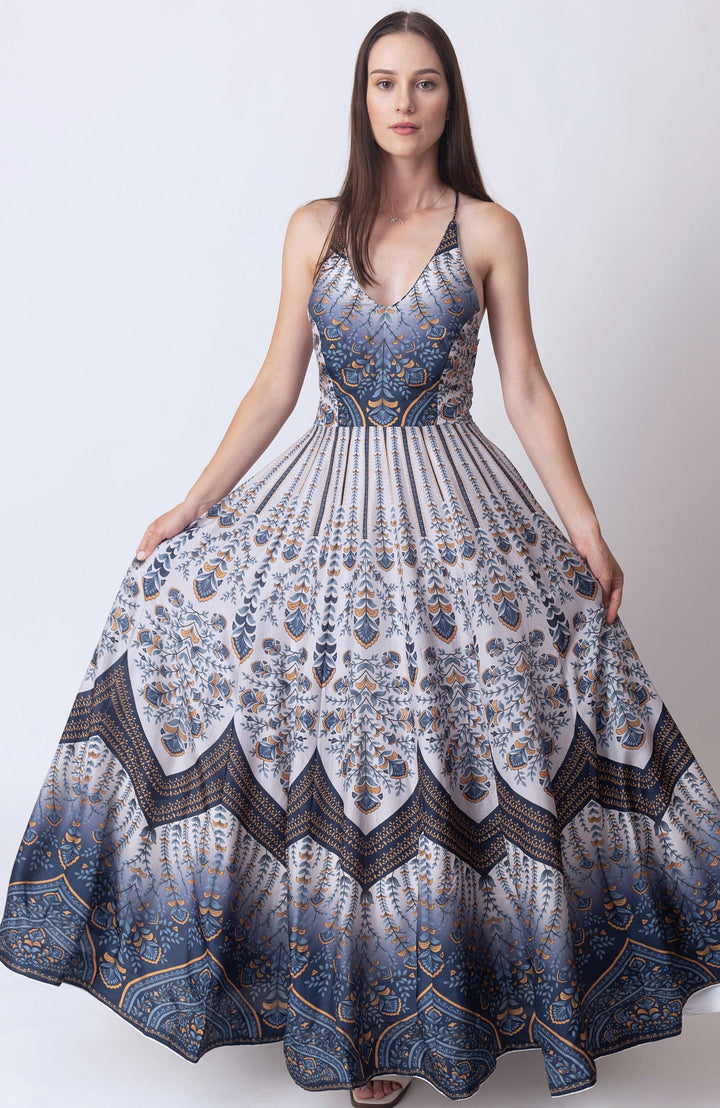 Blue V-Neck Printed Dress-Raas USA