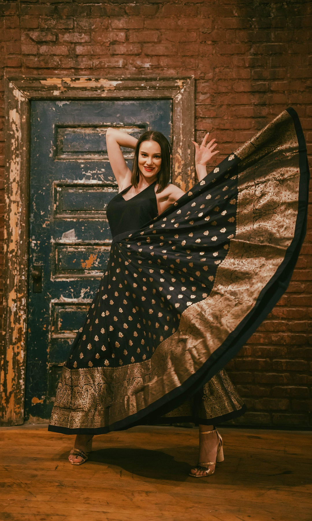 Blue and Gold Gown with Banarasi Border-Raas USA