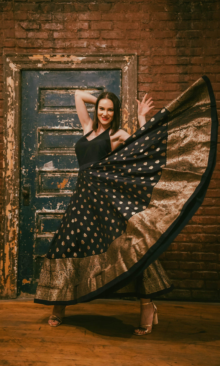 Blue and Gold Gown with Banarasi Border-Raas USA