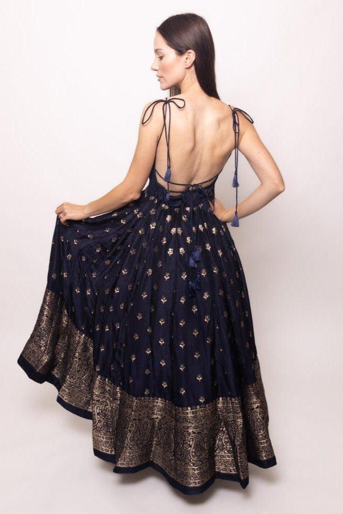 Blue and Gold Gown with Banarasi Border ANARKALI & GOWN RAAS