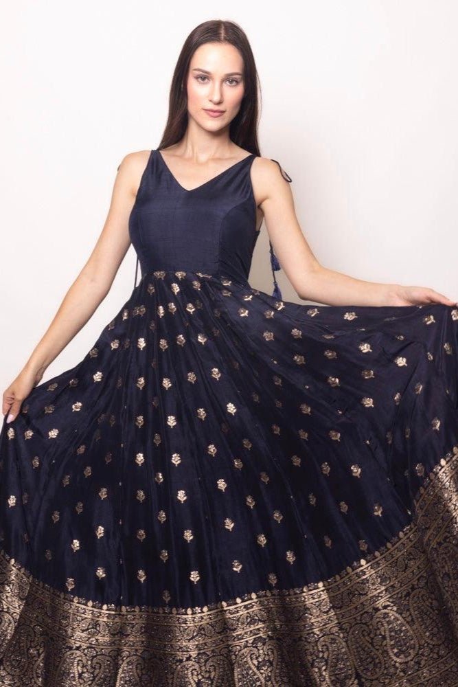 Blue and Gold Gown with Banarasi Border-Raas USA