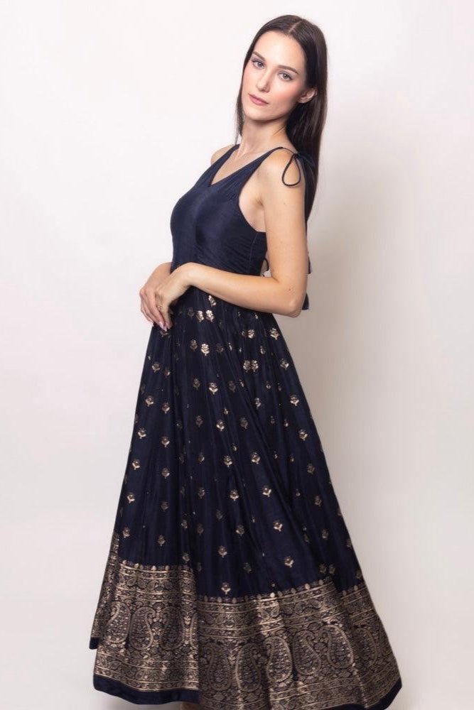 Blue and Gold Gown with Banarasi Border-Raas USA