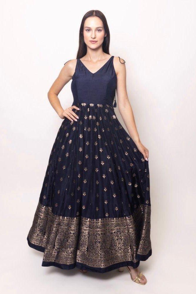 Blue and Gold Gown with Banarasi Border ANARKALI & GOWN RAAS