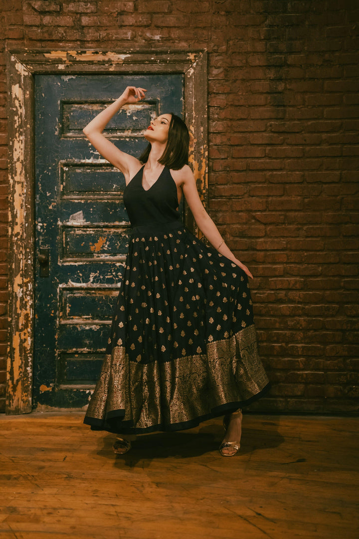 Blue and Gold Gown with Banarasi Border-Raas USA