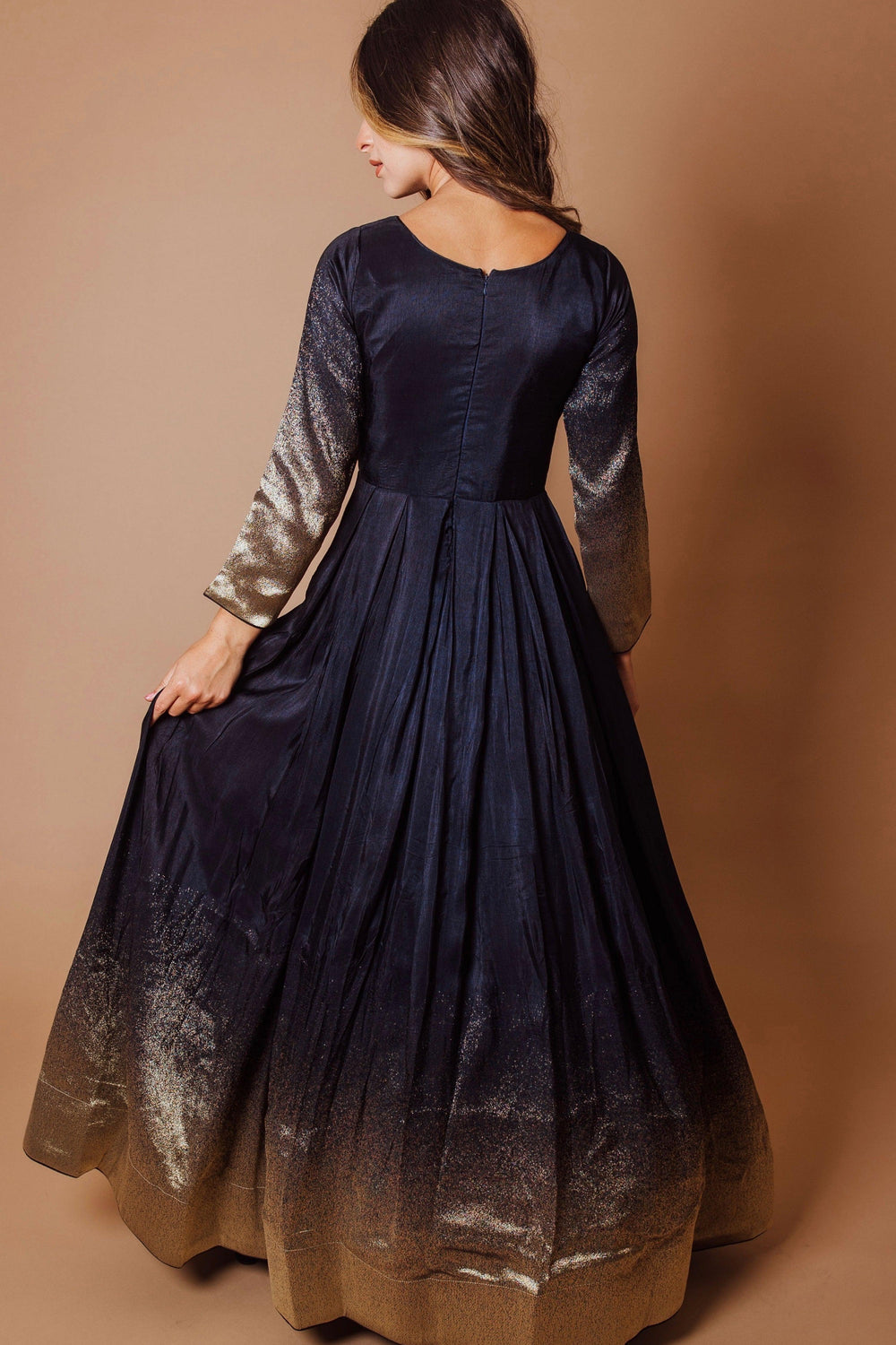 Navy blue silk long sleeve dress with a golden woven border and matching sleeves.