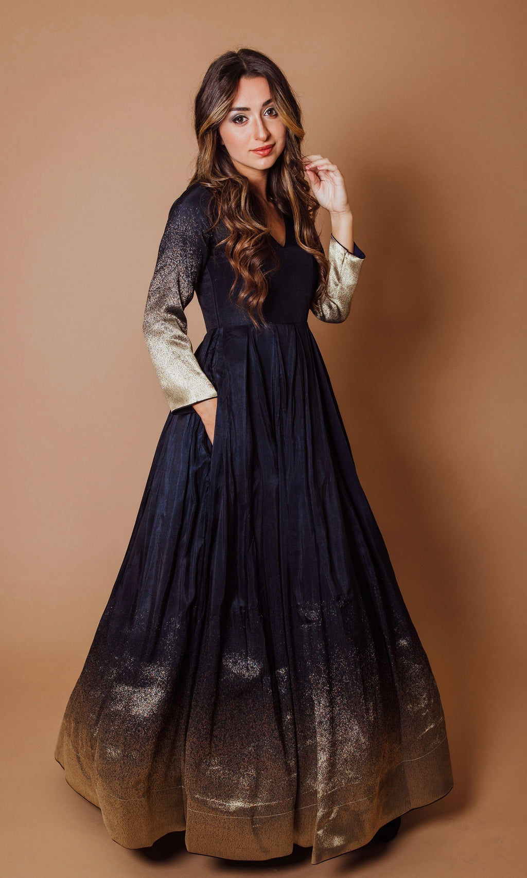 Raas Women's Blue and Gold Long Sleeve Gown