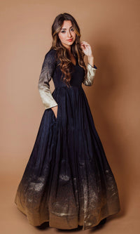 Navy blue silk long sleeve dress with golden border and sleeves.