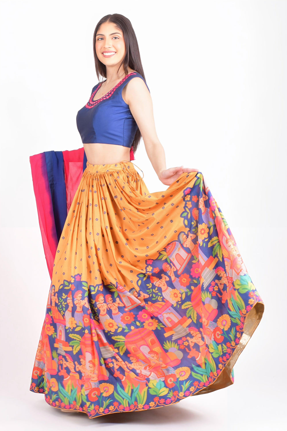 Blue and Yellow Lehenga Choli Set with Shaded Dupatta-Raas