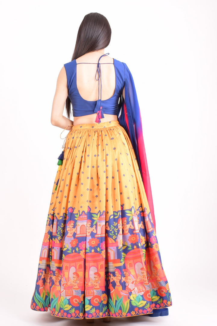 Blue and Yellow Soft Silk Lehenga Choli Set with Shaded Dupatta-Raas USA