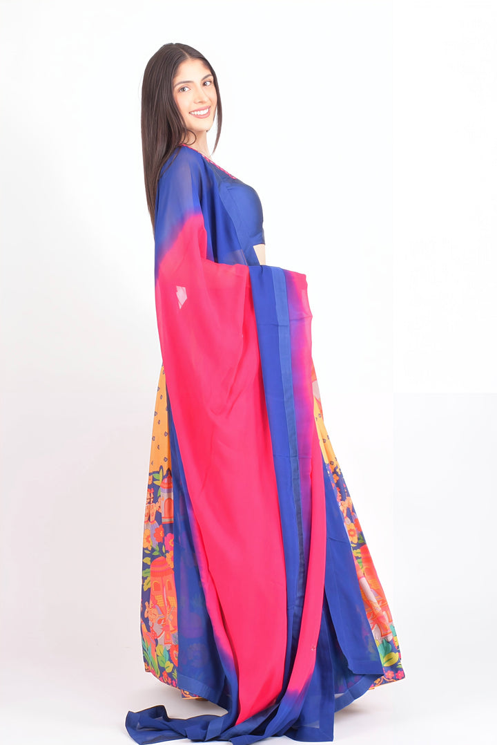 Blue and Yellow Soft Silk Lehenga Choli Set with Shaded Dupatta-Raas USA