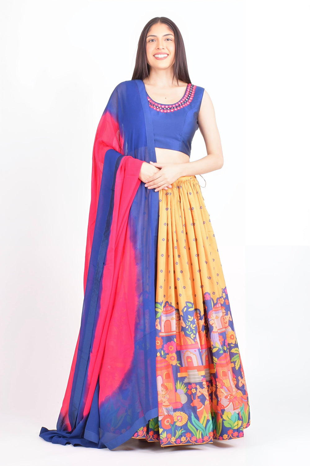 Blue and Yellow Lehenga Choli Set with Embroidery blouse and Shaded Dupatta-Raas