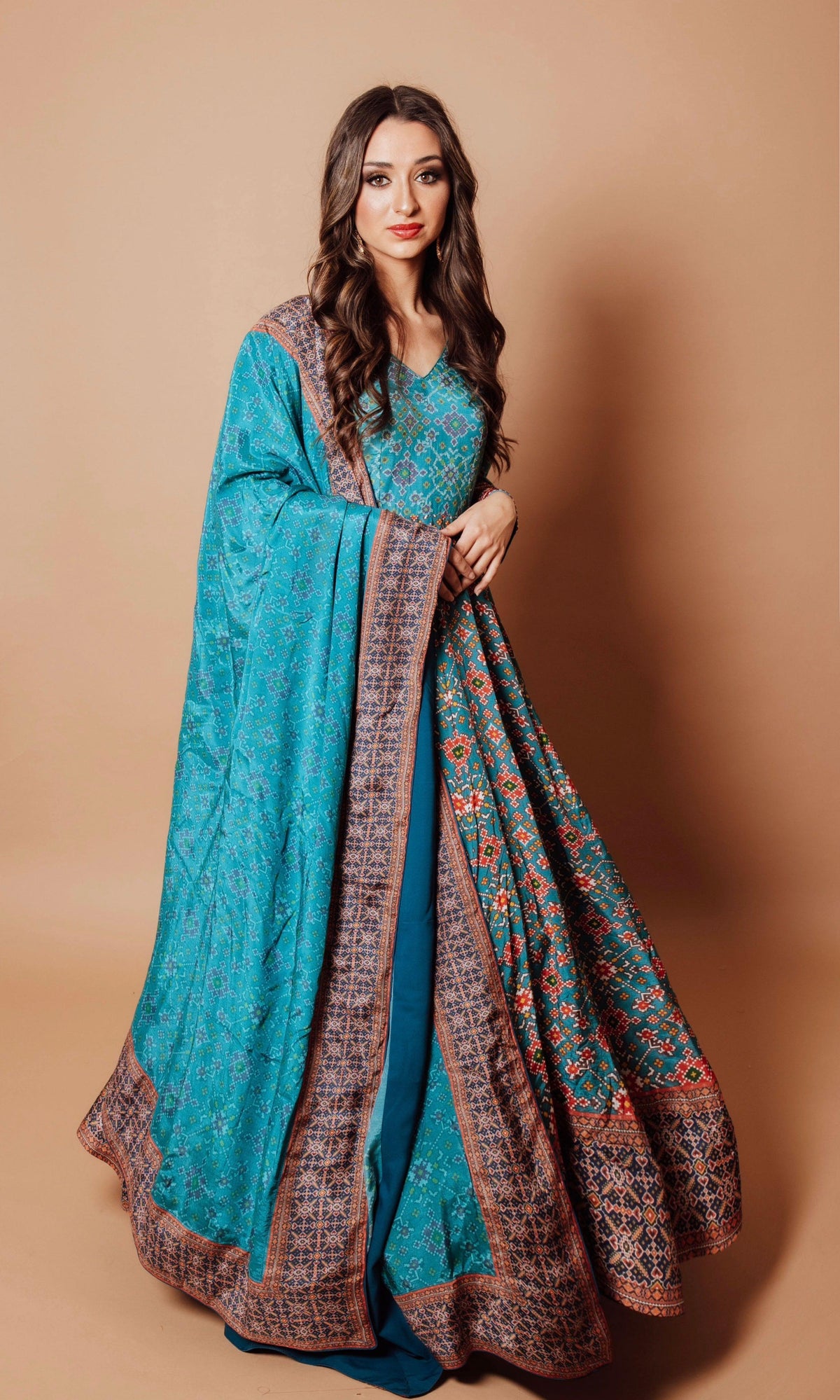 Blue patola print Gown with Silk Drape