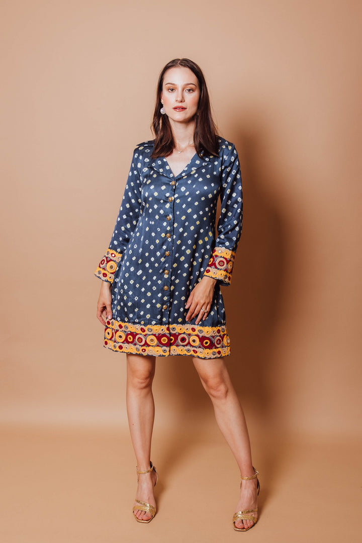 Kisha Blue Blazer Dress with Hand Embroidery